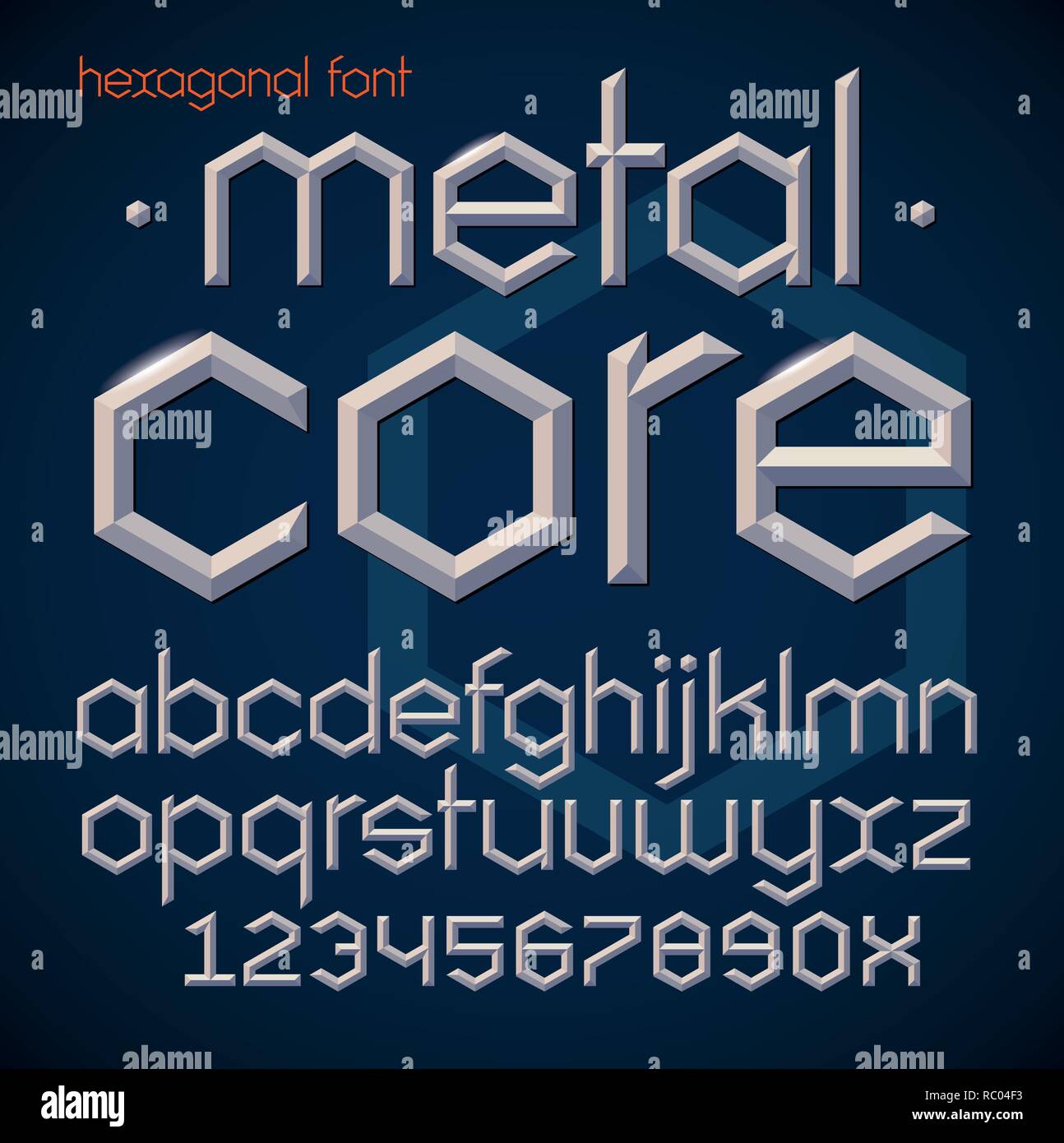 Sechseckige futuristische Metallische abgeschrägte bold Font. Alphabet, englischen Buchstaben und Zahlen in der modernen geometrischen Stil. Stock Vektor