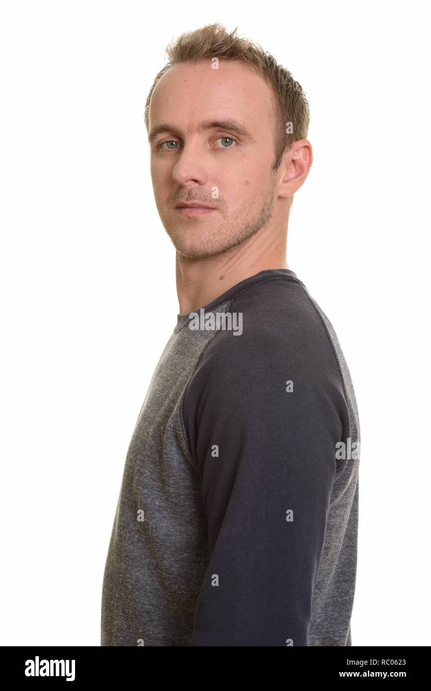 Stattlichen kaukasischen Mann vor weißem Hintergrund Stockfoto
