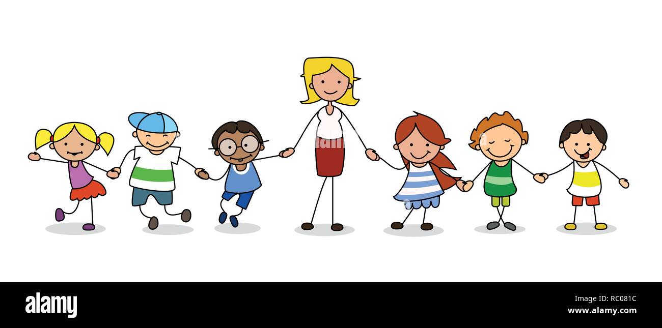 Kindergarten Gruppe Von Kindern Mit Weiblichen Lehrer Halten Sich An kindergarten-gruppe-von-kindern-mit-weiblichen-lehrer-halten-sich-an