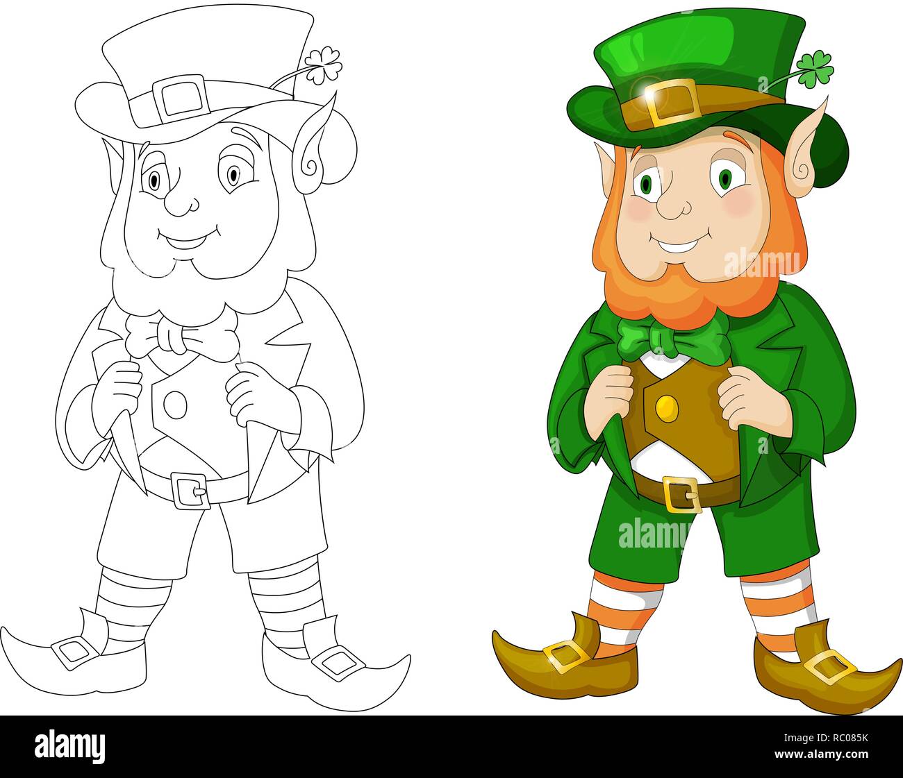 Cartoon Kobold in grün Gehrock und Hut mit vierblättrigen Kleeblatt Stock Vektor