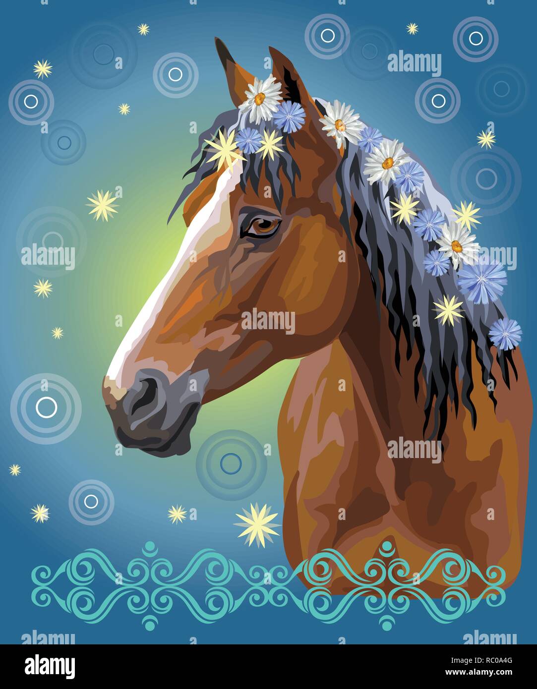 Vektor bunten Illustrationen. Portrait von Bay Horse mit verschiedenen Blumen, die in die mähne auf blauen Gradienten Hintergrund mit dekorativem Ornament isoliert und c Stock Vektor
