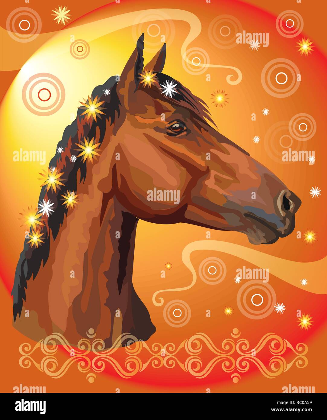 Vektor bunten Illustrationen. Portrait von Bay Horse mit verschiedenen Blumen, die in die mähne auf orange gradient Hintergrund mit dekorativem Ornament isoliert und Stock Vektor