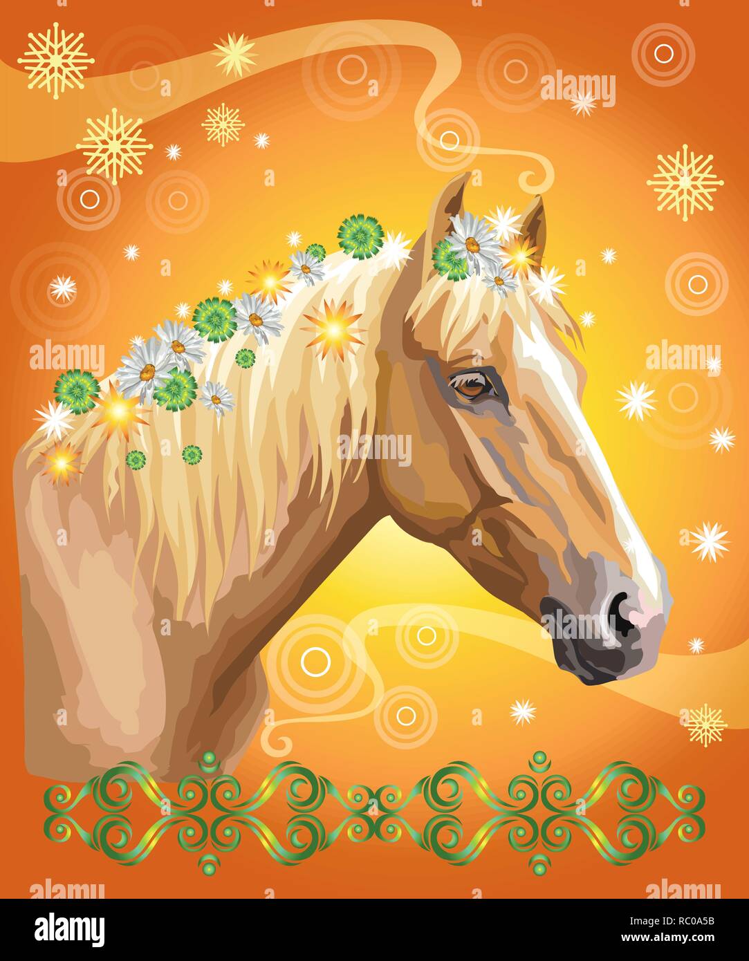 Vektor bunten Illustrationen. Portrait von Palomino Pferd mit verschiedenen Blumen in Mane isoliert auf orange gradient Hintergrund mit dekorativen Ornamen Stock Vektor