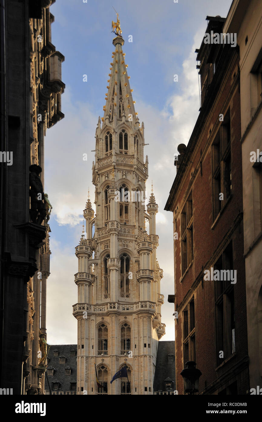 Blick durch eine Gasse in den Rathausturm am Grand Place, Brüssel, Belgien, Europa | Blick durch eine schmale Straße auf den Turm des Rathauses Stockfoto