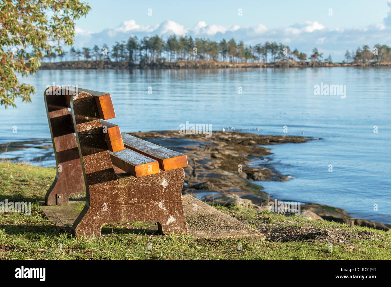 Ein verwittertes Holz und Beton Bank neben einem felsigen Strand bietet einen Blick auf ruhigem Wasser und einer nahe gelegenen Insel an einem sonnigen Wintertag (British Columbia). Stockfoto