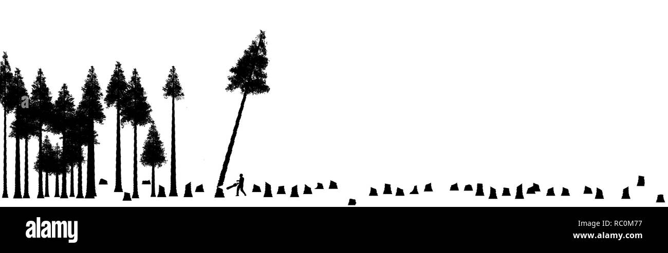 Kahlschlag der Wälder, der Nutzung oder der Missbrauch der natürlichen Ressourcen ist das Thema dieser Abbildung. Silhouetted Bäume, eine nach unten geschnitten sind neben Stockfoto