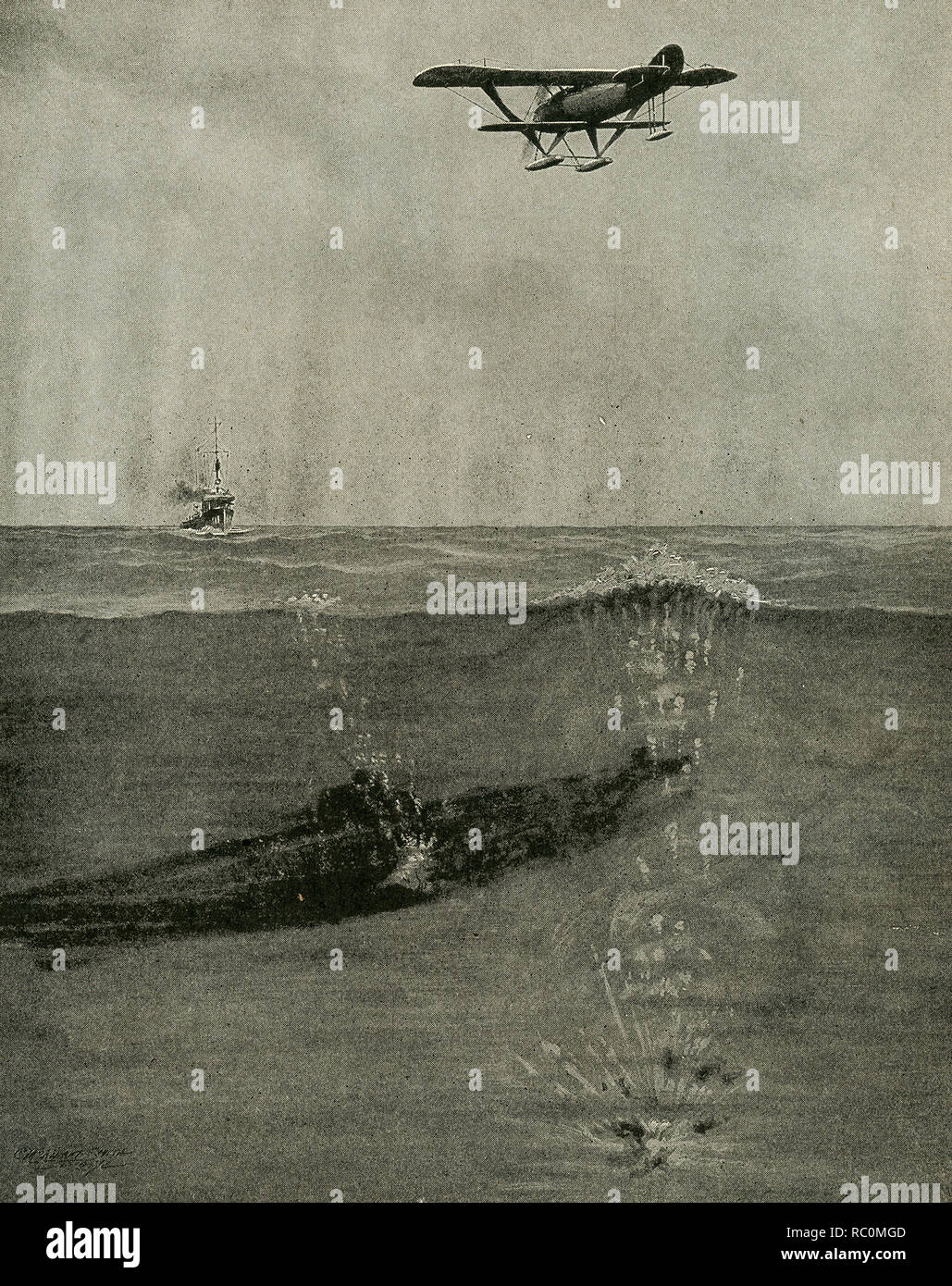 Der Titel dieses Bildes, die Daten bis 1922 lautet: "eine tiefe Bombe muss nicht tatsächlich ein U-Boot schlagen, um ihn zu zerstören." Stockfoto