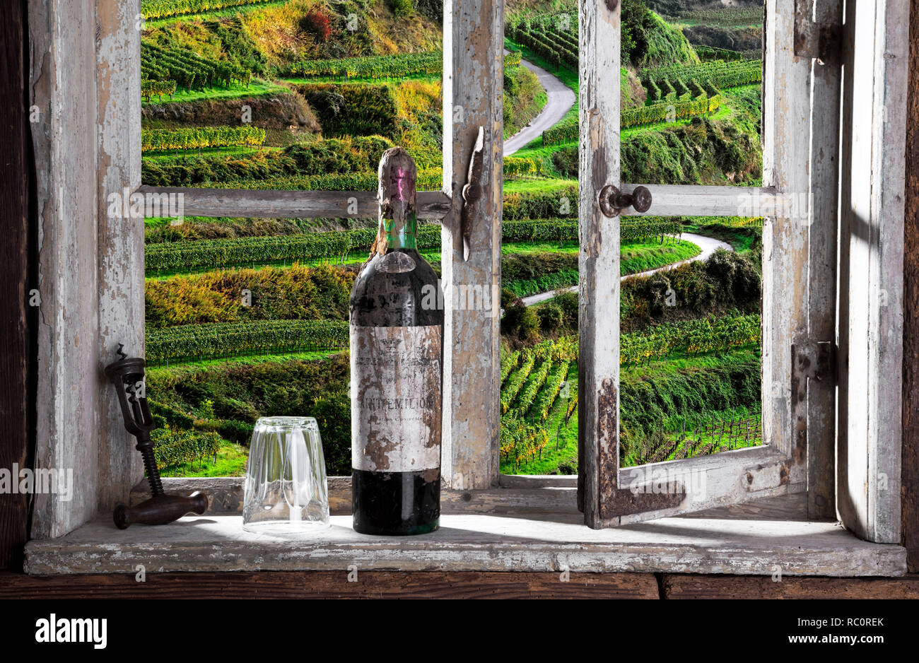 Fenster mit Blick auf einen Weinberg Stockfoto