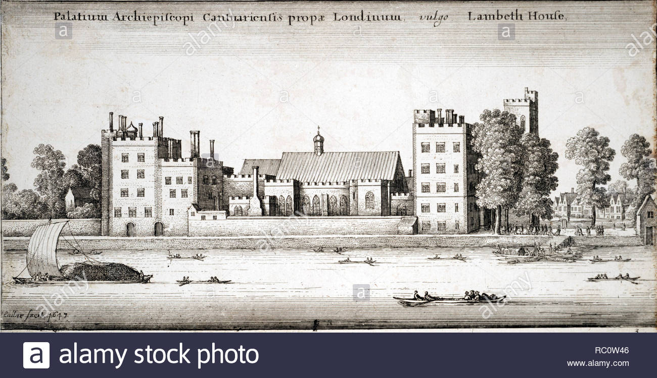 Lambeth Palace ist die offizielle Londoner Residenz des Erzbischofs von Canterbury in England, im Norden von Lambeth, am Südufer der Themse, 400 Meter südöstlich der Palast von Westminster, in dem sich die Häuser des Parlaments, auf der gegenüberliegenden Bank. Radierung von Böhmische Kupferstecher Wenzel Hollar von 1647 Stockfoto