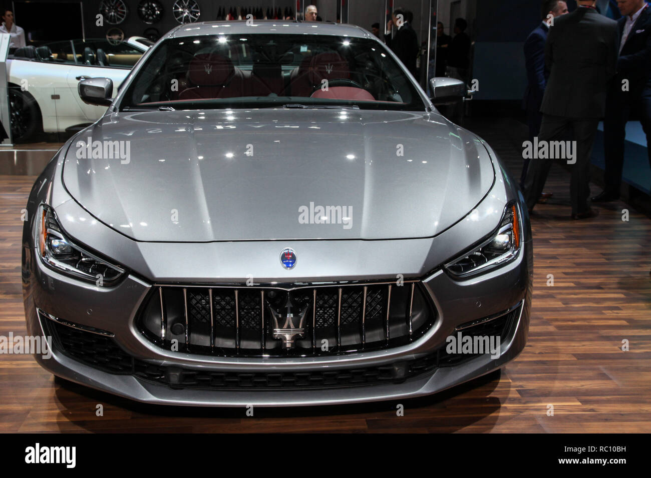 Maserati Ghibli auf der New York International Auto Show 2018 gezeigt, im Jacob Javits Center. Dies wurde Drücken Sie die Taste Vorschau Tag einer der NYIAS Stockfoto