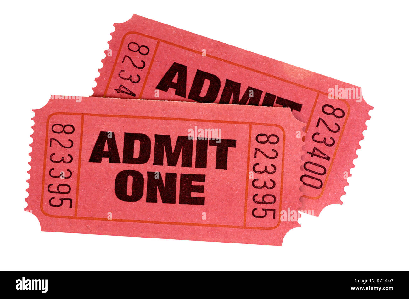Zwei rote zugeben, eine retro Film Tickets isoliert Stockfoto