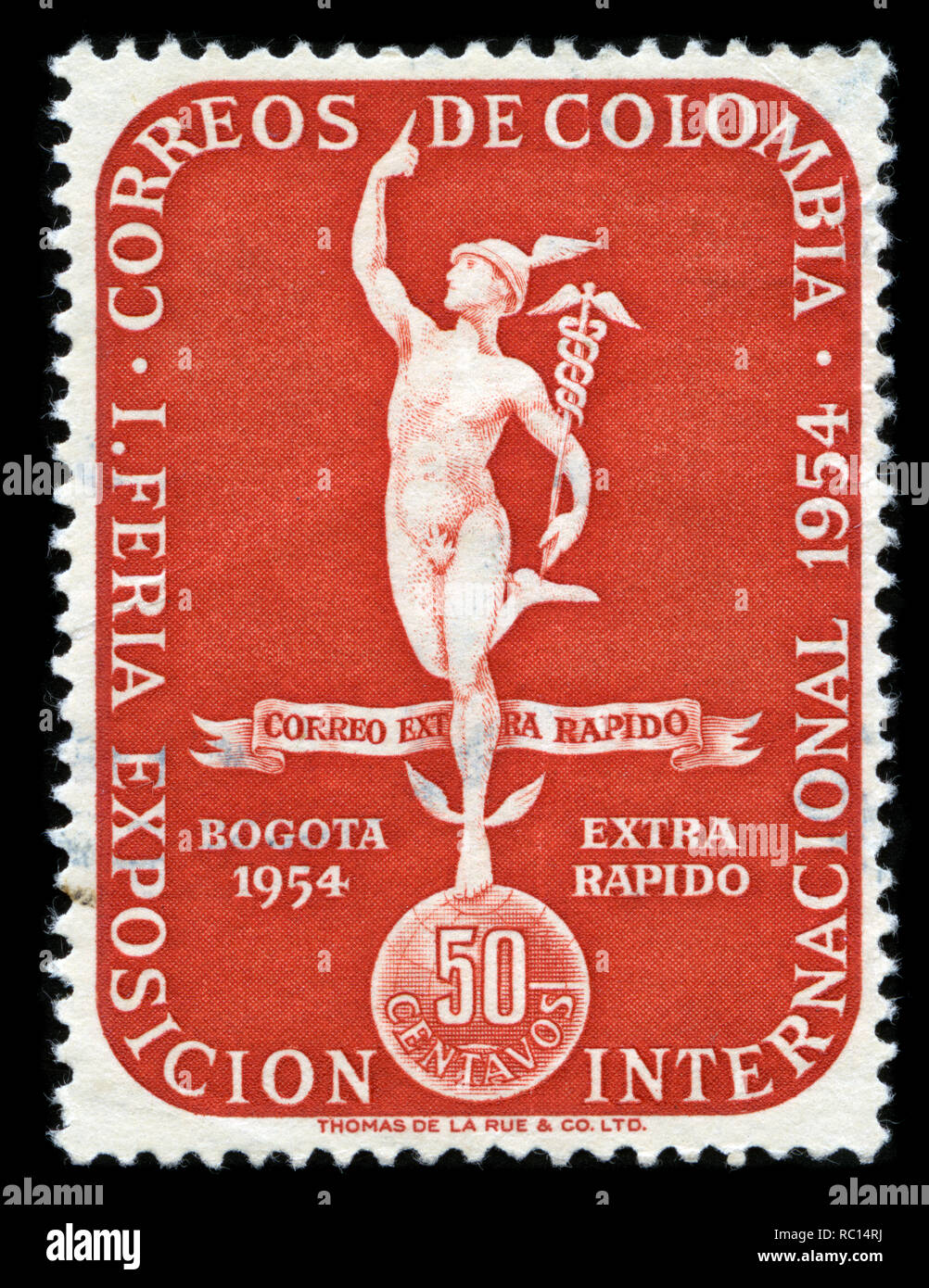 Briefmarke aus Kolumbien in der Intl. Messe- und Ausstellungszentrum, Bogotá 1954, 1. ed. Stockfoto