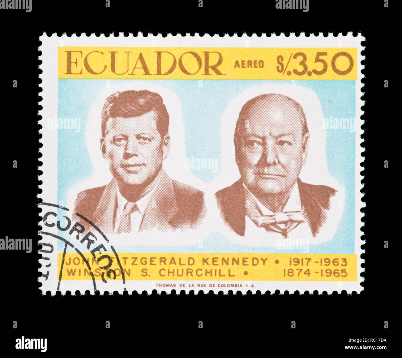 Briefmarke aus Ecuador, John F. Kennedy, 50. Jahrestag seiner Geburt, und Winston Churchill. Stockfoto