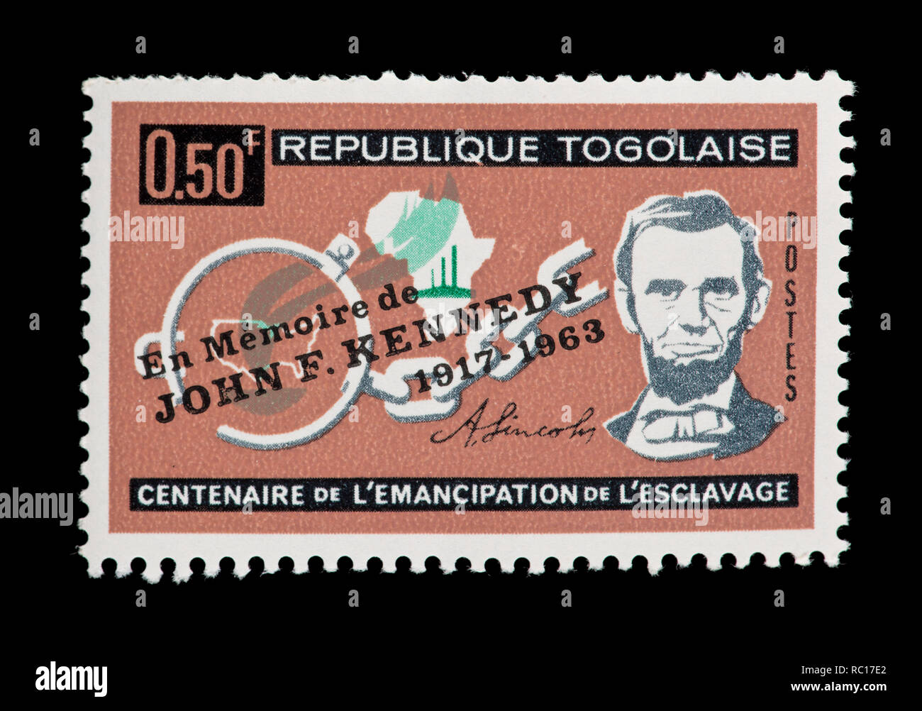 Briefmarke aus Togo, Abraham Lincoln und defekten Manschetten, centennial der Emanzipation-proklamation, JFK Attentat überdrucken. Stockfoto