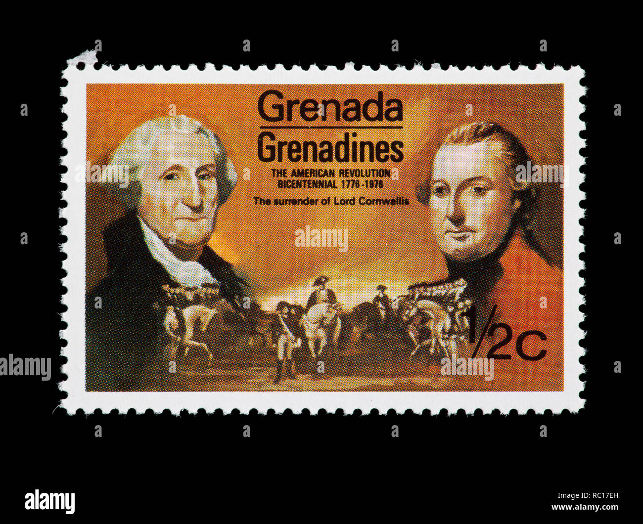 Briefmarke von Grenada Grenadinen, die die Kapitulation von Lord Cornwallis zu George Washington, United States Bicentennial. Stockfoto