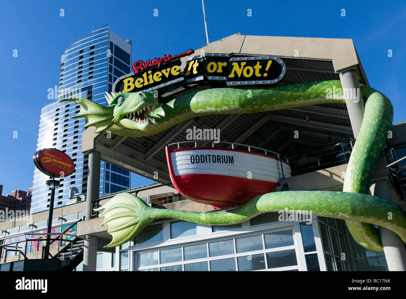 Ein logo Zeichen außerhalb von Ripley's Believe It or Not Lage in Baltimore, Maryland am 11. Januar 2019. Stockfoto Ein logo Zeichen außerhalb von Ripley's Believe It or Not Lage in Baltimore, Maryland am 11. Januar 2019. Stockfoto