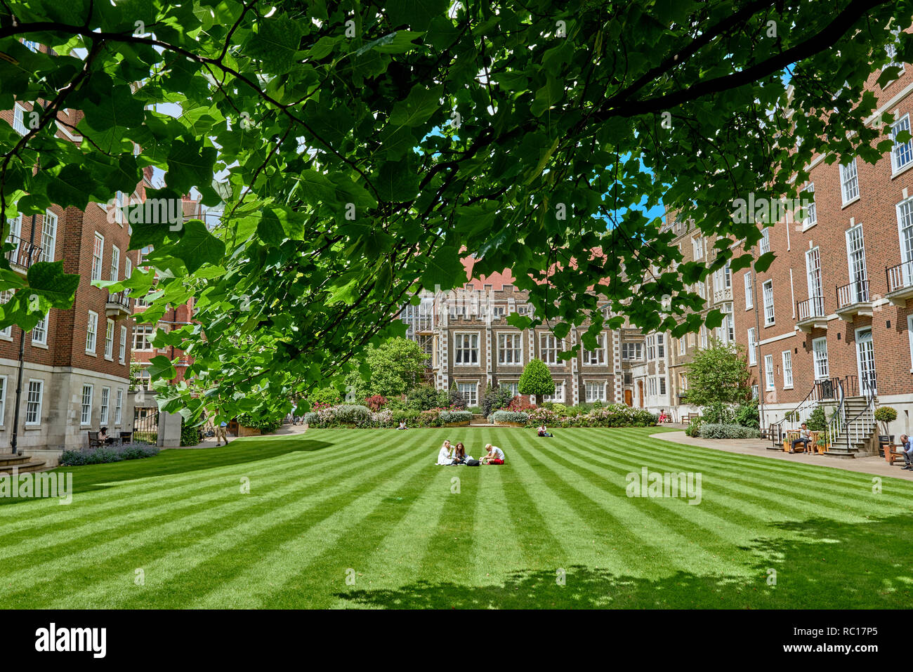 Gruppe von Englisch lernen Schüler sitzen auf englischem Rasen im sonnigen Tag Stockfoto