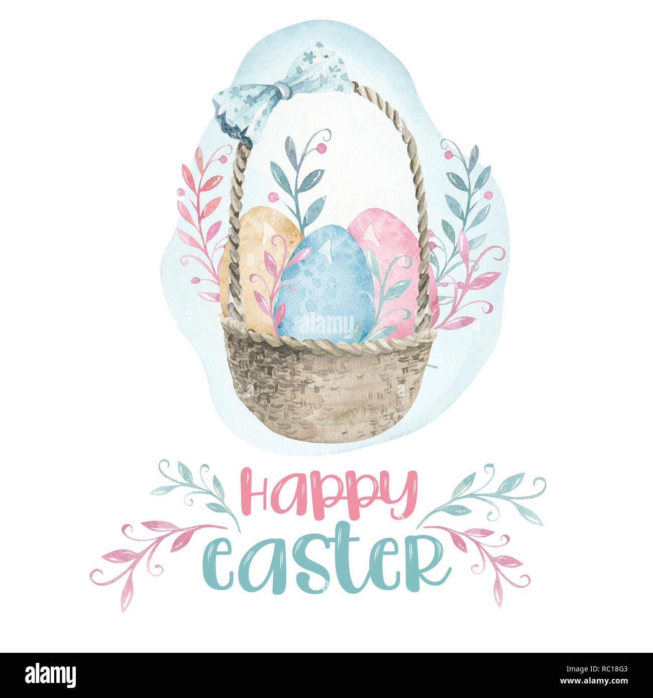 Hase mit Osterkorb isoliert auf einem weißen Hintergrund. Farbe Ostereier wi. Aquarell Zeichnung. Handarbeit. Türkis aquarell Abbildung Stockfoto