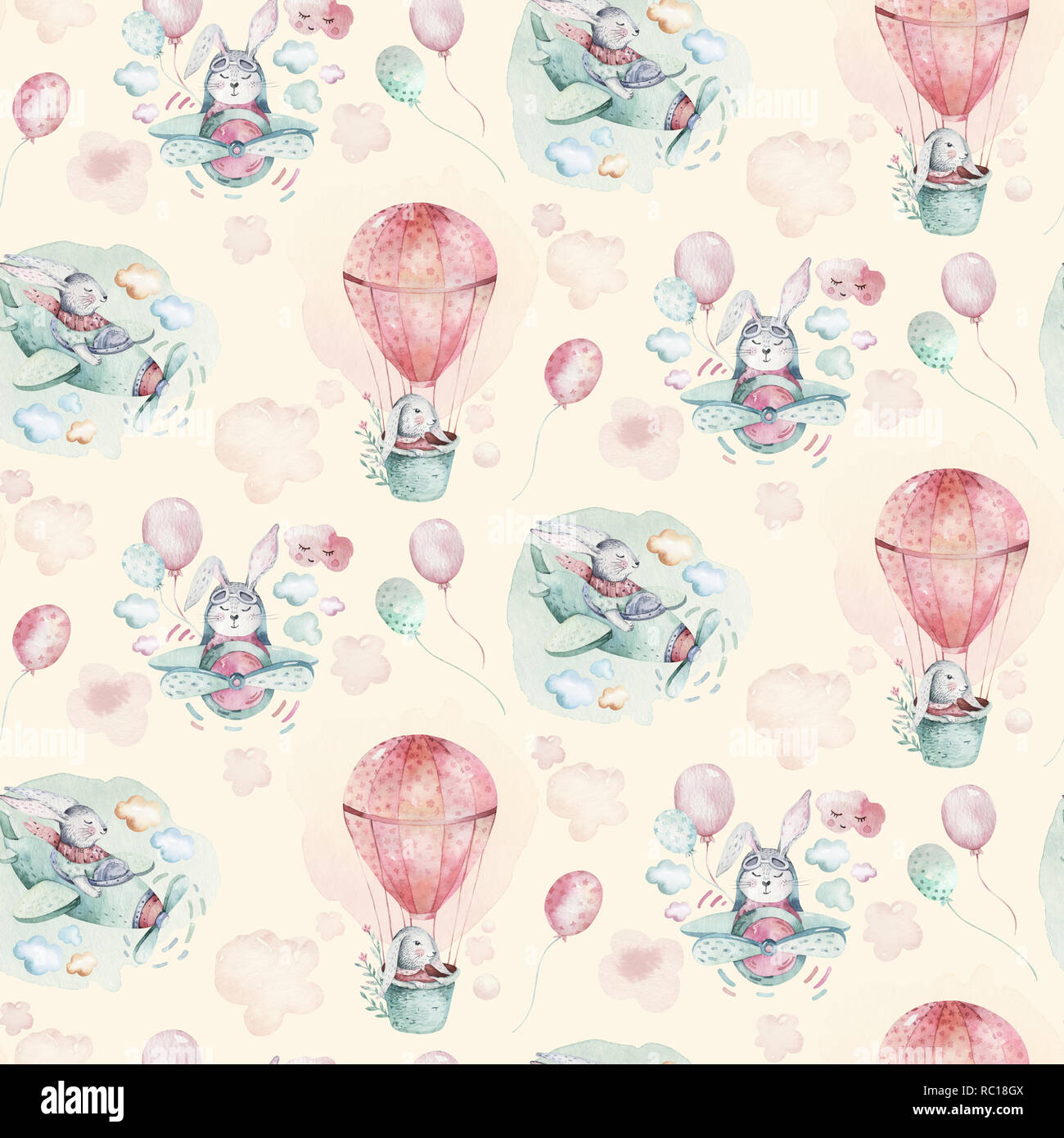 Handzeichnung fliegen niedlich Ostern pilot bunny Aquarell cartoon Häschen mit Flugzeug- und Ballon in den Himmel textile Muster. Türkis Aquarell textile Abbildung Dekoration Stockfoto