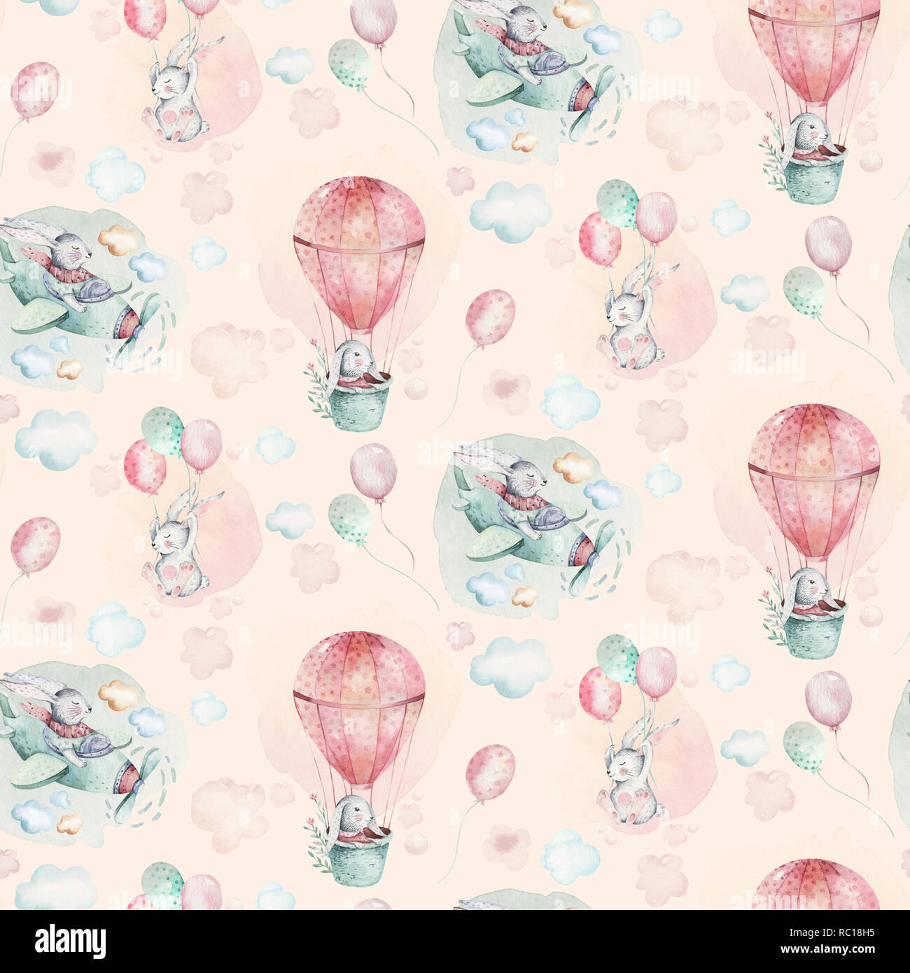 Handzeichnung fliegen niedlich Ostern pilot bunny Aquarell cartoon Häschen mit Flugzeug- und Ballon in den Himmel textile Muster. Türkis Aquarell textile Abbildung Dekoration Stockfoto