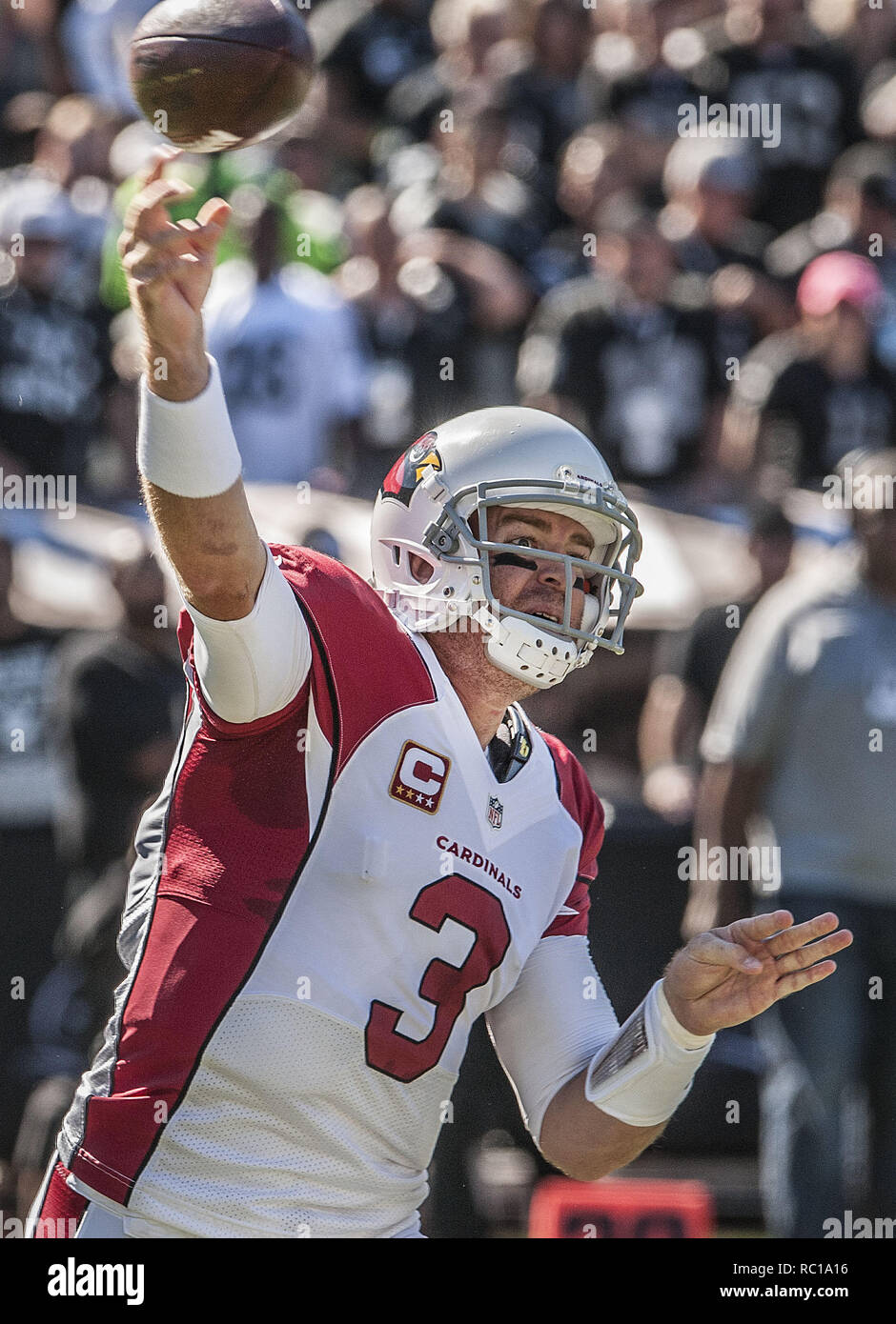 Oakland, Kalifornien, USA. Okt, 2014 19. Arizona Cardinals quarterback Carson Palmer (3) Macht touchdown Pass am Sonntag, Oktober 19, 2014 in Oakland, Kalifornien. Die Kardinäle besiegten die Räuber 24-13. Credit: Al Golub/ZUMA Draht/Alamy leben Nachrichten Stockfoto