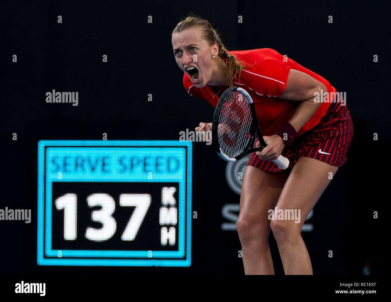 Sydney, Australien. 12 Jan, 2019. Petra Kvitova der tschechischen Republik feiert zählen während der Frauen gegen Ashleigh Barty von Australien am Sydney internationalen Tennisturnier in Sydney, Australien, Jan. 12, 2019. Petra Kvitova gewonnen 2-1. Credit: Zhu Hongye/Xinhua/Alamy leben Nachrichten Stockfoto