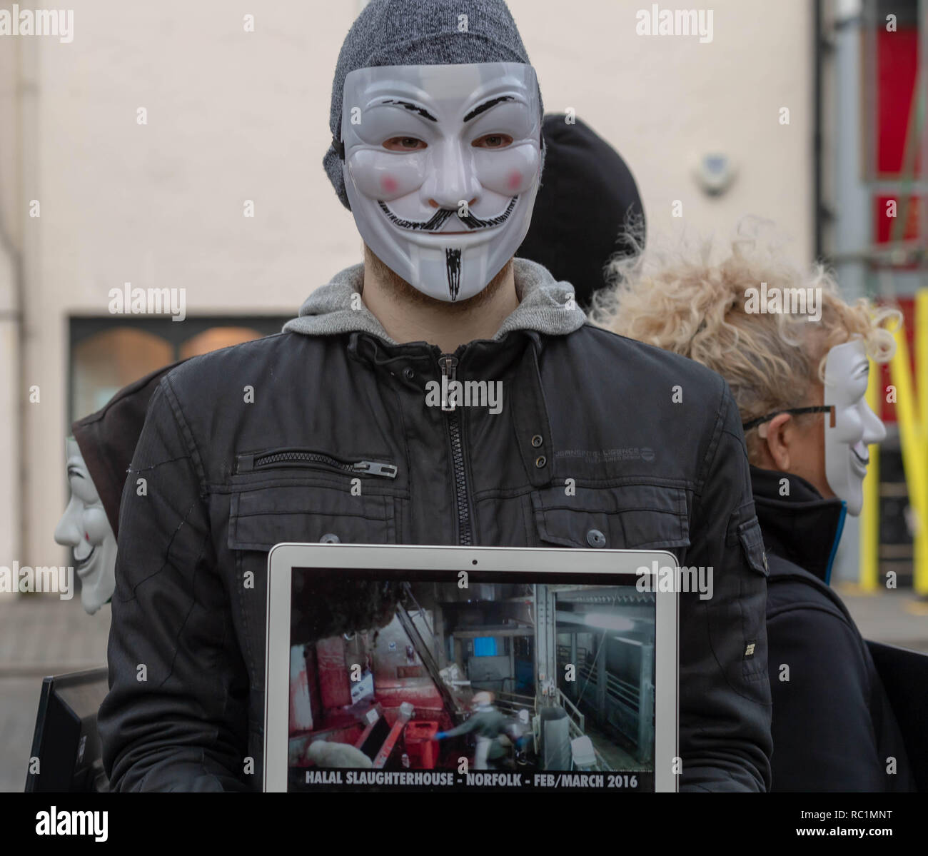 Brentwood, Essex, Großbritannien. 13. Januar 2019. Ein Würfel der Wahrheit Protest in Brentwood High Street von Anonym für die Stimmlosen; eine Gruppe Förderung des Veganismus und Tierschutz. Die Notebooks und Bildschirme zeigen erschütternde Aufnahmen von angeblichen Grausamkeit gegen Tiere. Kredit Ian Davidson/Alamy leben Nachrichten Stockfoto