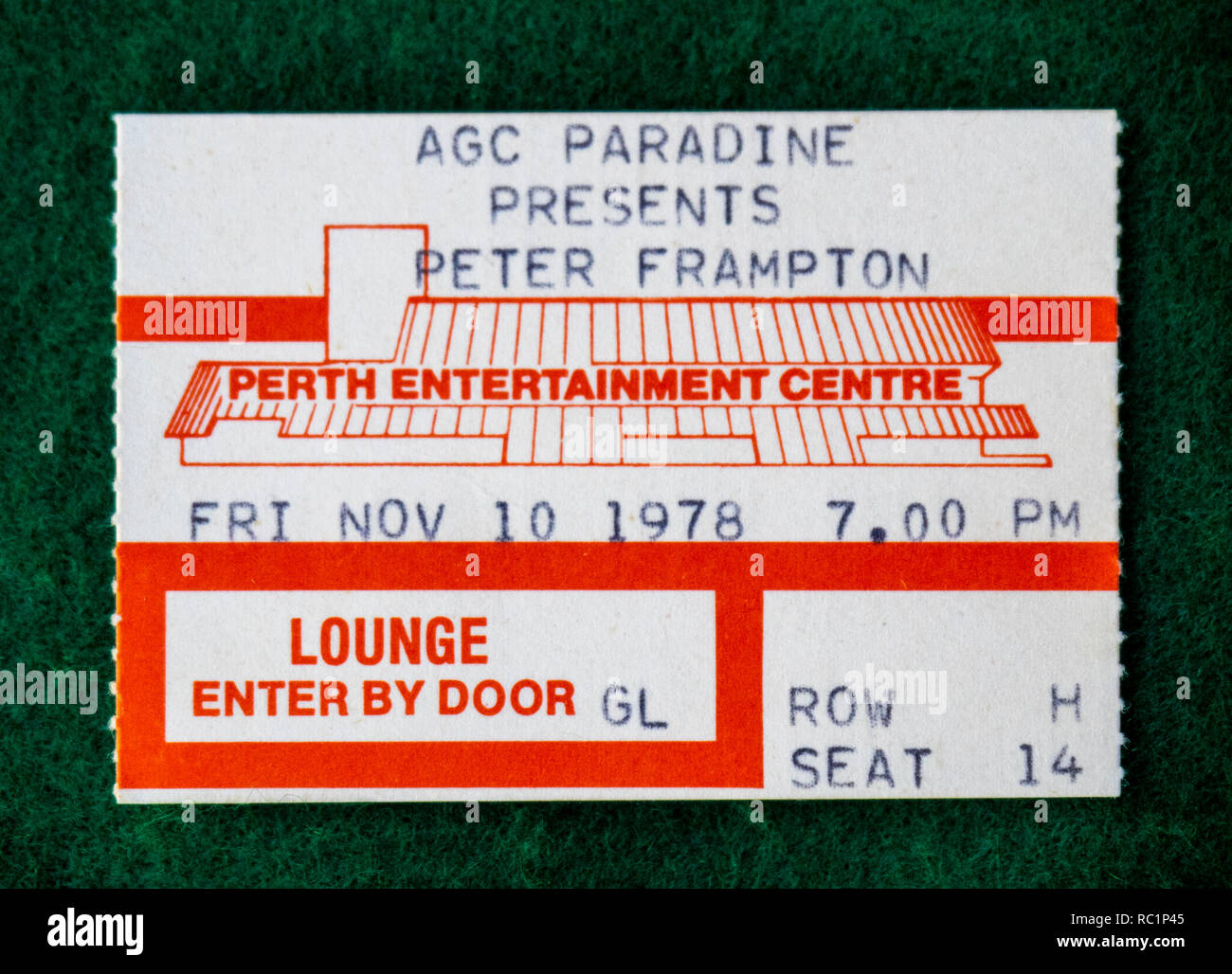 Ticket für perter Frampton Konzert in Perth Entertainment Center 1978, WA Australien. Stockfoto