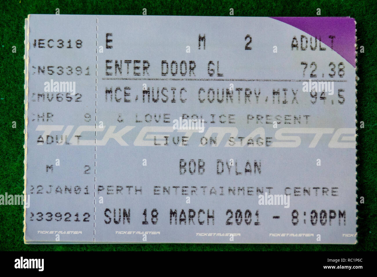 Ticket für Bob Dylan Konzert in Perth Entertainment Center im Jahr 2001 WA Australien. Stockfoto