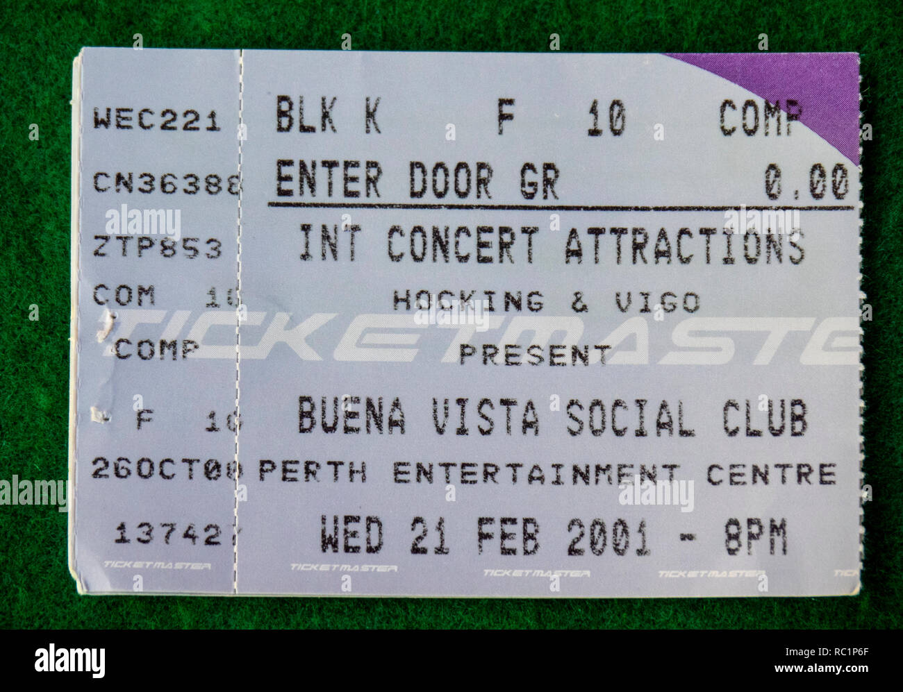 Ticket für Buena Vista Social Club Konzert in Perth Entertainment Center im Jahr 2001 WA Australien. Stockfoto