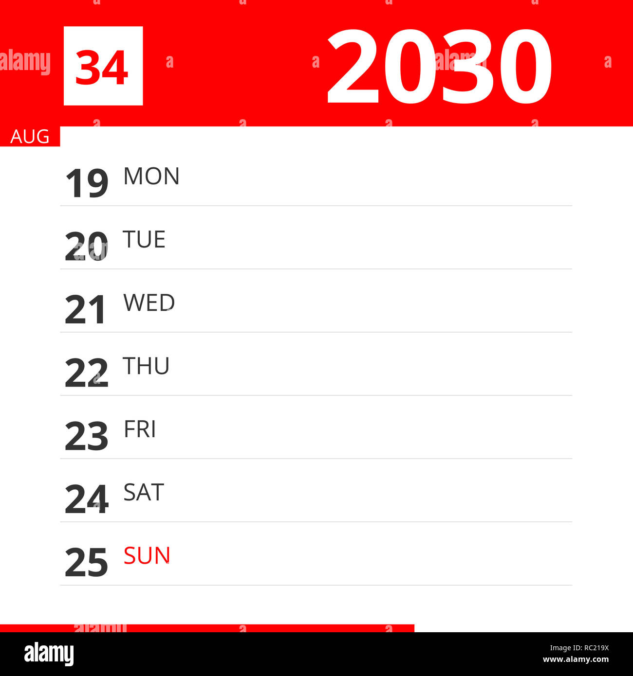 Kalender Planer für Woche 34 im Jahr 2030, endet am 25. August 2030. Stockfoto