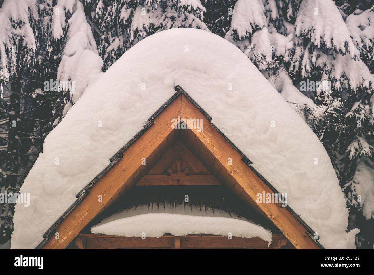 Schwere Schnee Wetter Konzept. Holz- architektonisches Element, die unter starkem Schneefall. Stockfoto