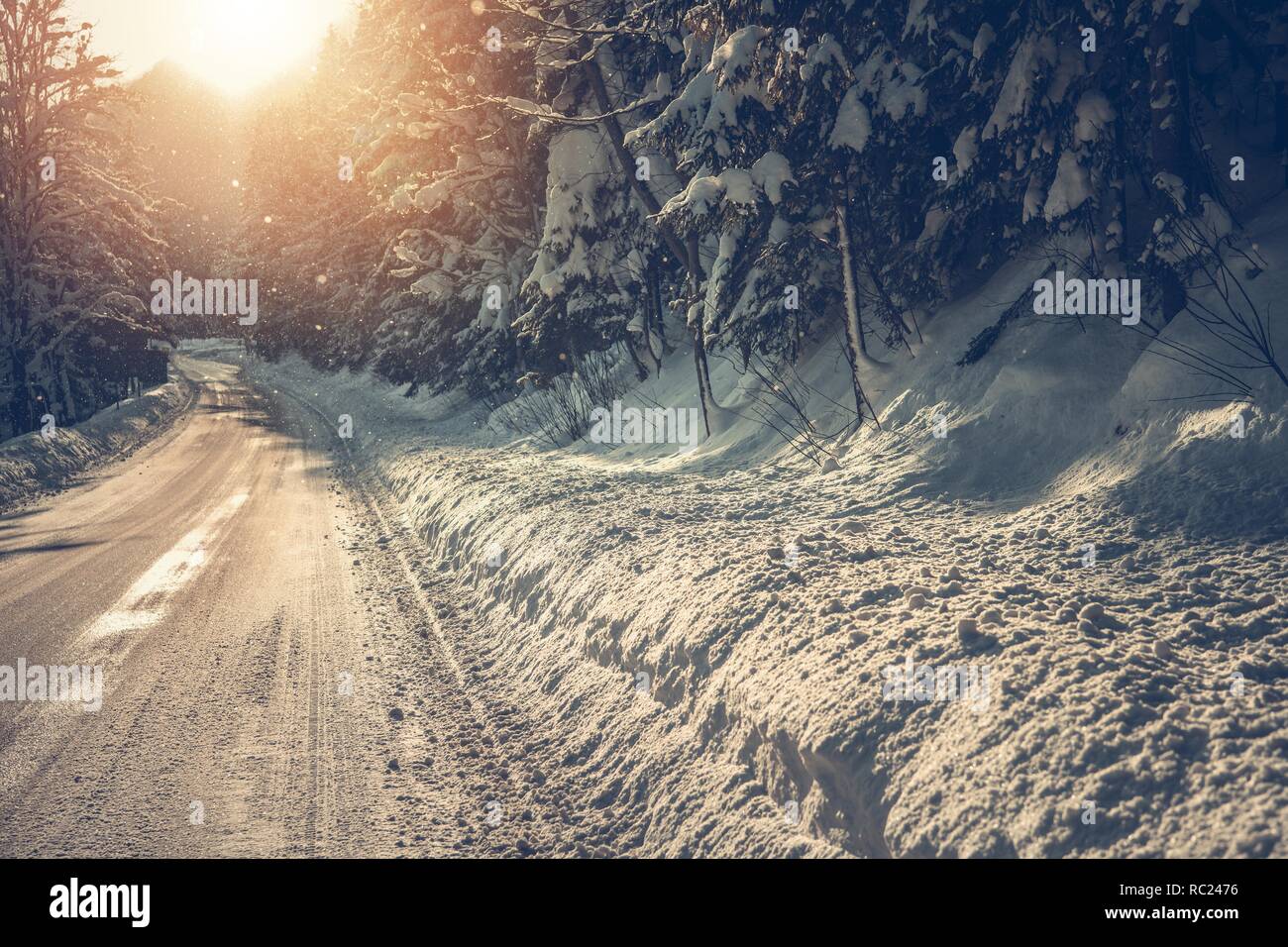 Malerische Winter Highway. Weg und Bäume, die unter starkem Schneefall. Fahren im Winter. Stockfoto