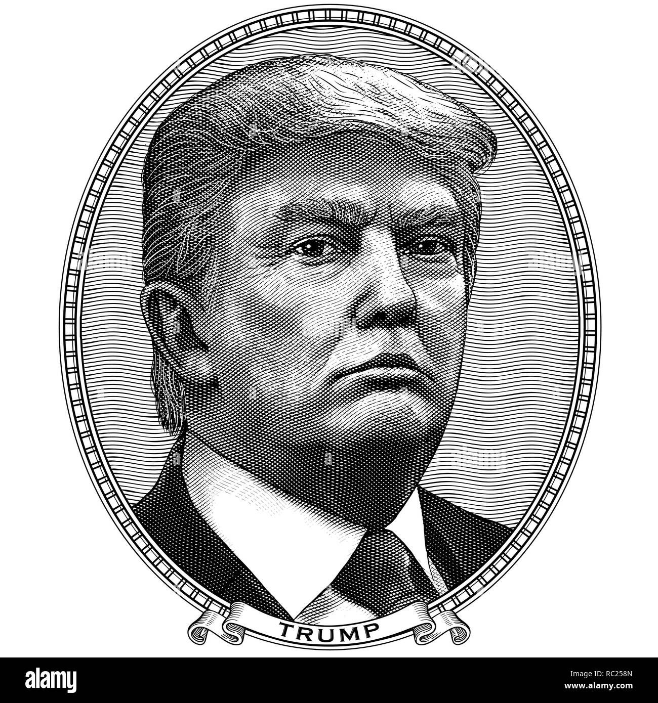 Vector Portrait von Donald Trump. Tinte, Gravieren, Ätzen. Präsident der USA. Ovaler Rahmen. Vintage Design für Drucke, Aufkleber und gefälschte Banknoten Comic Stock Vektor