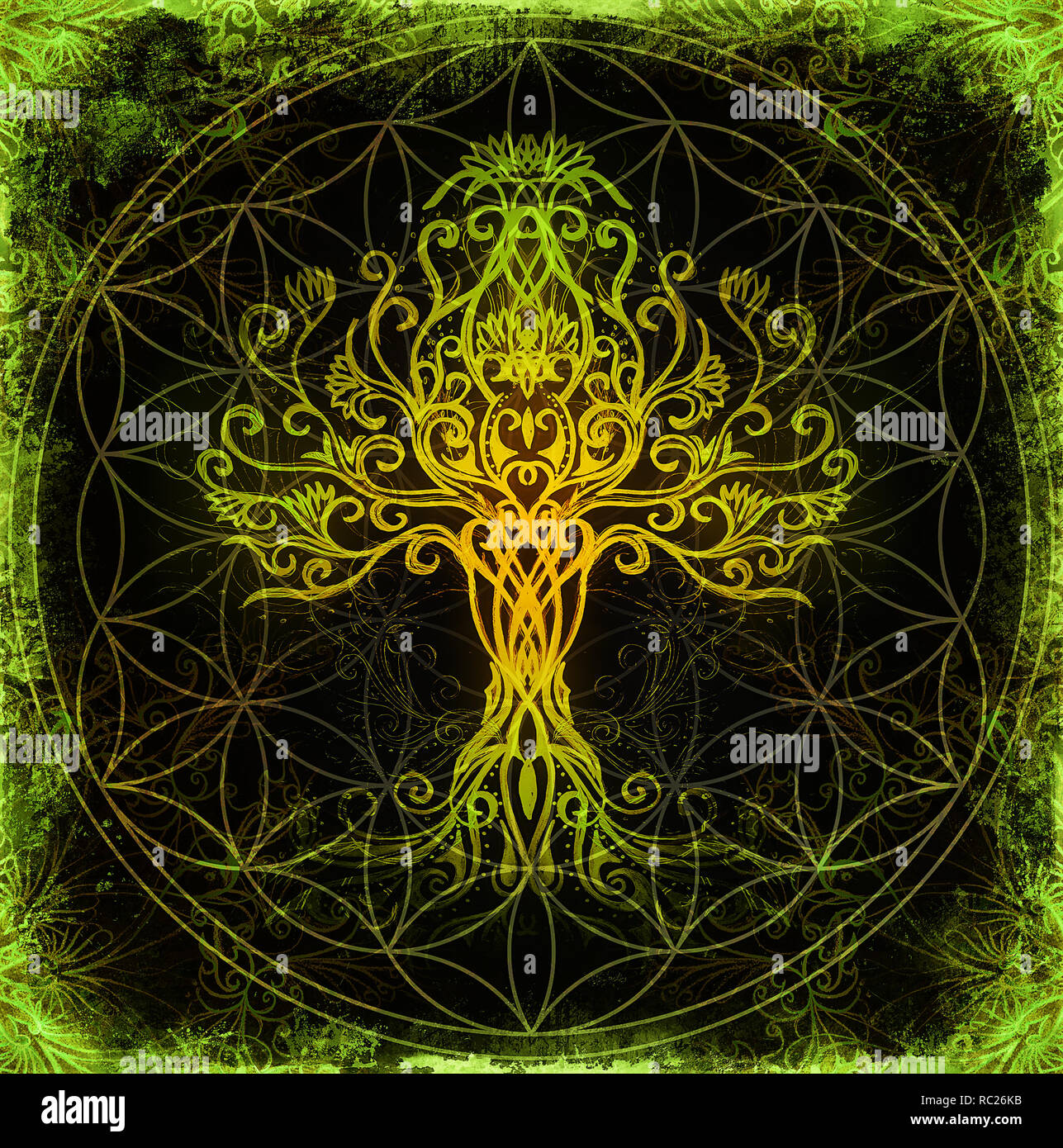 Baum des Lebens Symbol auf strukturierte Zierpflanzen Hintergrund, yggdrasil. Stockfoto