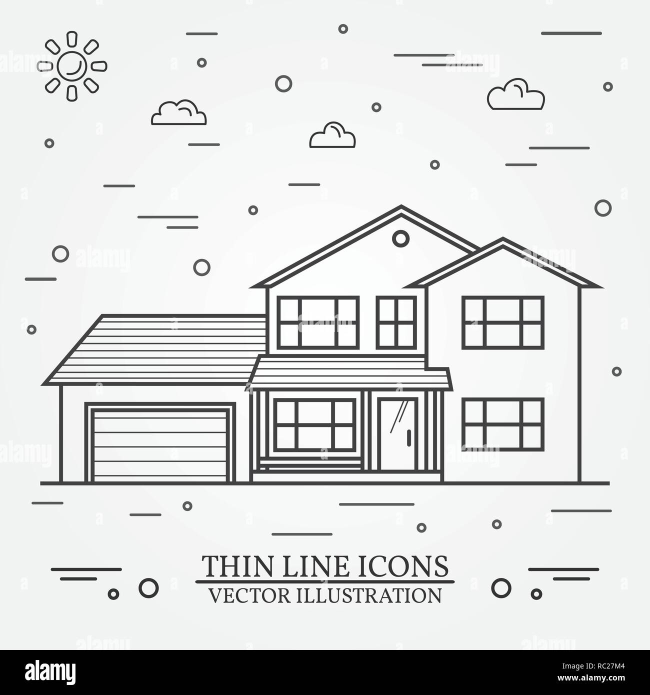 Vektor dünne Linie Symbol suburban American House. Für web design und Application Interface, auch nützlich für Infografiken. Vektor dunkelgrau. Vector Illustration. Stock Vektor