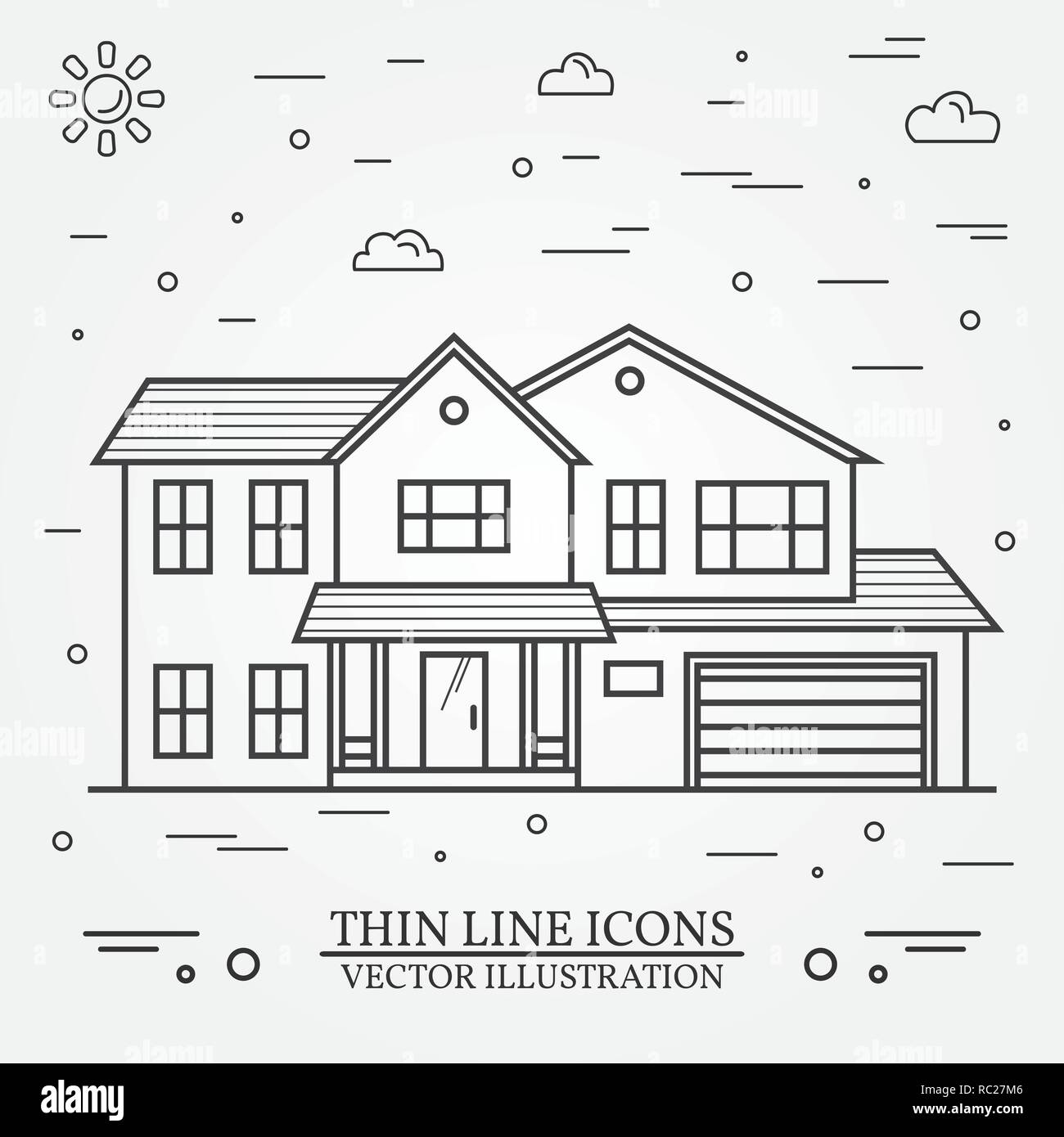 Vektor dünne Linie Symbol suburban American House. Für web design und Application Interface, auch nützlich für Infografiken. Vektor dunkelgrau. Vector Illustration. Stock Vektor