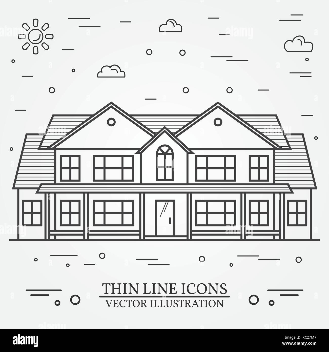 Vektor dünne Linie Symbol suburban American House. Für web design und Application Interface, auch nützlich für Infografiken. Vektor dunkelgrau. Vector Illustration. Stock Vektor