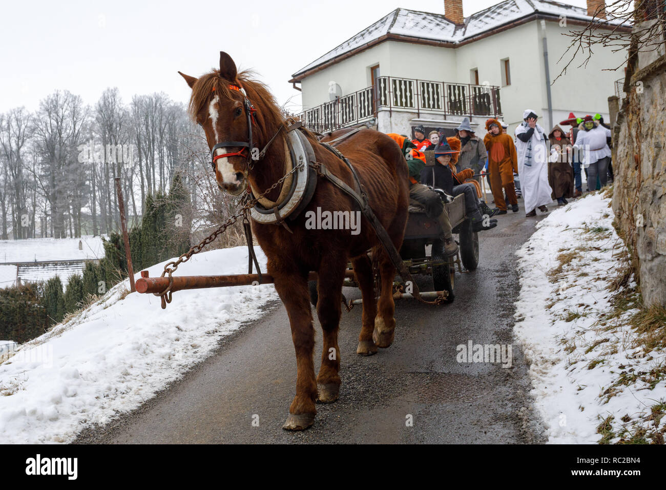 PUKLICE, TSCHECHISCHE REPUBLIK - Januar 17, 2018: Die Menschen nehmen an der traditionellen zeremoniellen Tür-zu-Tür Prozession Masopust Karneval. Januar 17, 2018 in Pu Stockfoto