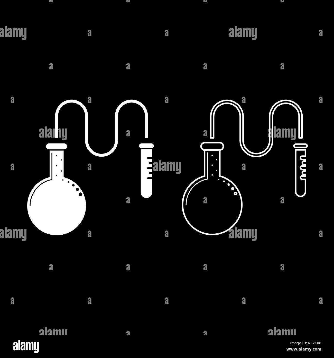 Öl Destillierkolben für chemische Reagenzien mit Reagenzglas mit einem dünnen Schlauch chemische Reaktion Konzept Icon Set weiß ich flache Kontur Stock Vektor