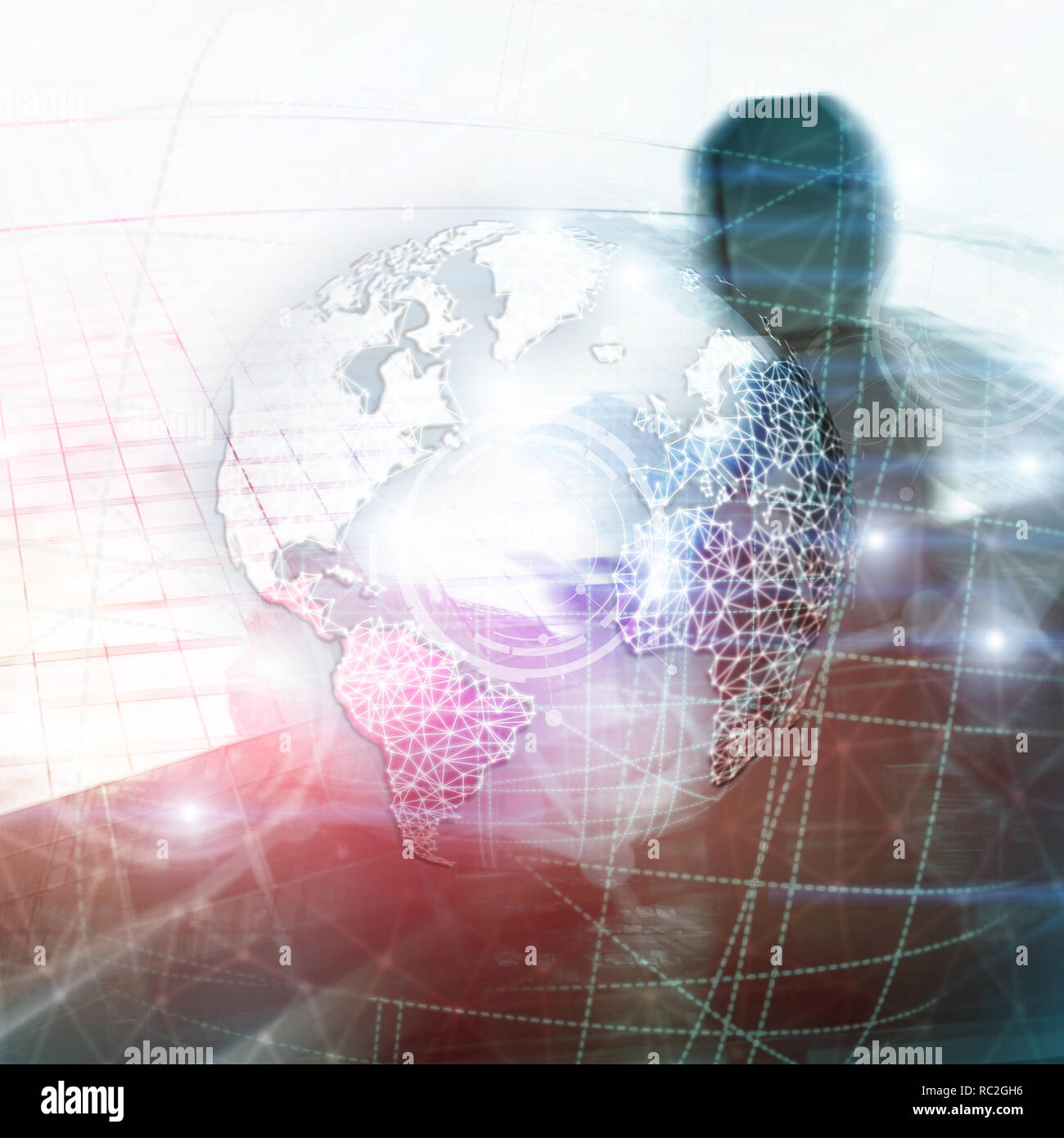 3D Erde Hologramm, Globus, WWW, Global Business und Telekommunikation. Stockfoto