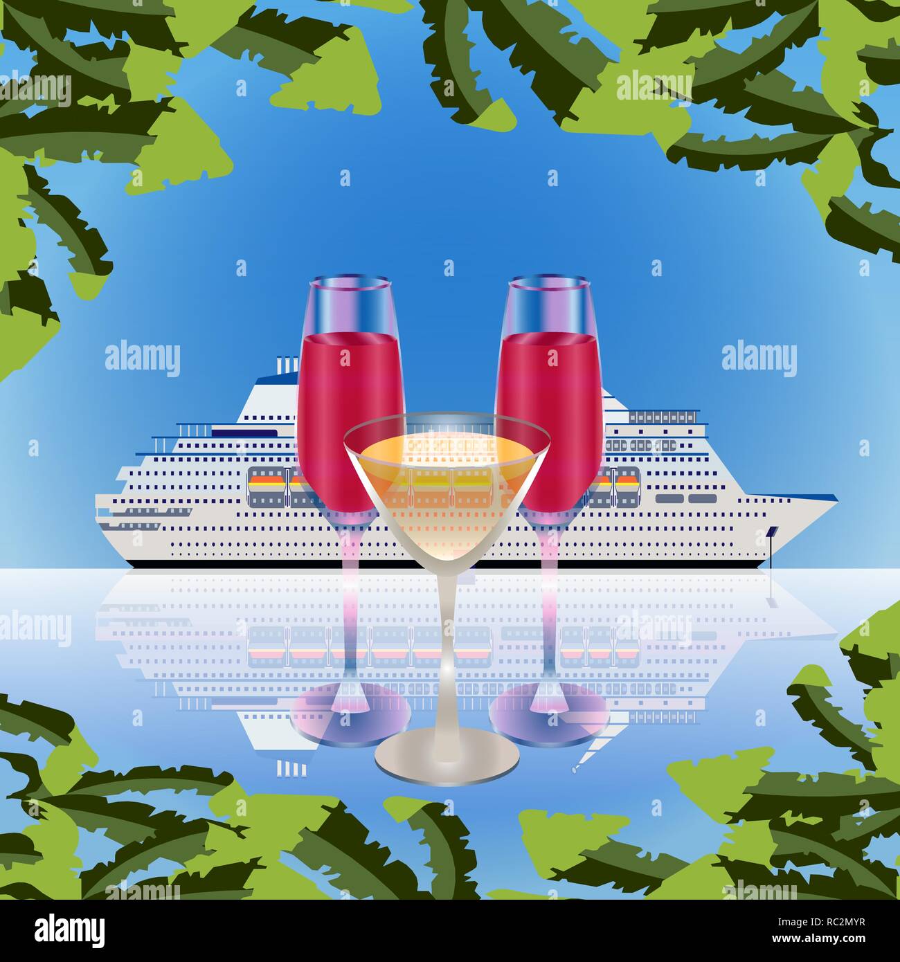 Vector Abbildung: Meer Urlaub. Drei Gläser mit Getränken. Weiße Kreuzfahrtschiff. Gläser mit Getränken gefüllt. Konzept für Infografik, Kataloge, Info Stock Vektor