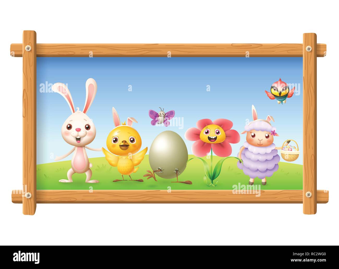 Ostern portrait Foto Frame - Hase, Huhn, Blume, Schafe Bienenfresser Vogel und Schmetterling Ostern Rund um das Ei feiern - Frühling Landschaft Hintergrund Stock Vektor