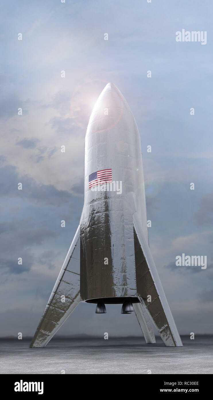 Test Starship Hopper Rakete - SpaceX Elon Musk, am 11. Januar 2019, Boca Chica, Texas. 3D-Rendering Stockfoto