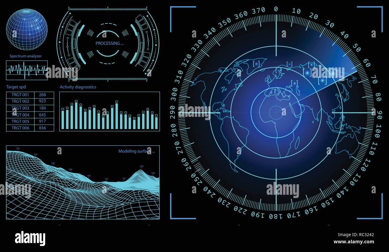 Militär grün Radar. Drahtmodell Landschaft. Bildschirm mit Ziel. Futuristische HUD-Schnittstelle. Vektor Illustration. Glühende Kugel Stock Vektor