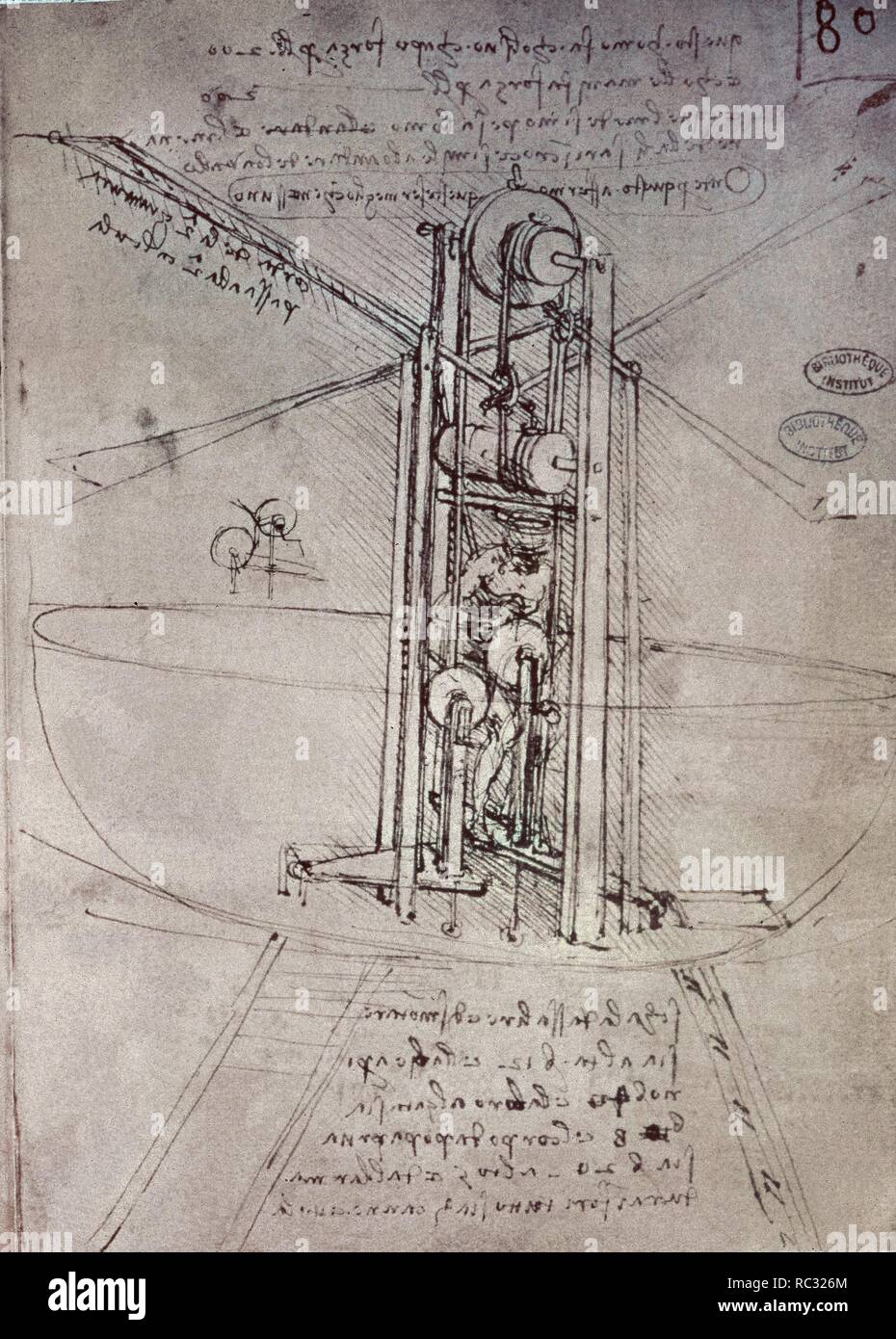 Fliegende Maschine zeichnen - RENAISSANCE - COD B-FOL 80R - 15. JAHRHUNDERT - italienische Renaissance. Autor: LEONARDO DA VINCI. Lage: BIBLIOTECA INST FRANCIA. Frankreich. Stockfoto