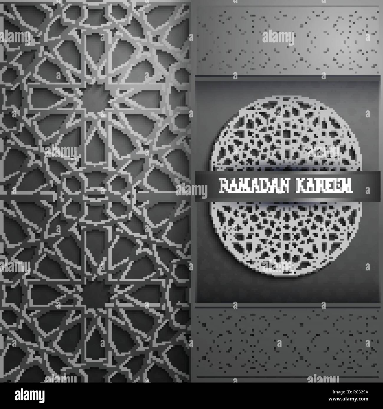 3d Gruß Ramadan Kareem Karte, Einladung islamischen Stil. Arabisch Kreis Muster. Islamische Broschüre schwarzer Hintergrund Islam Stock Vektor
