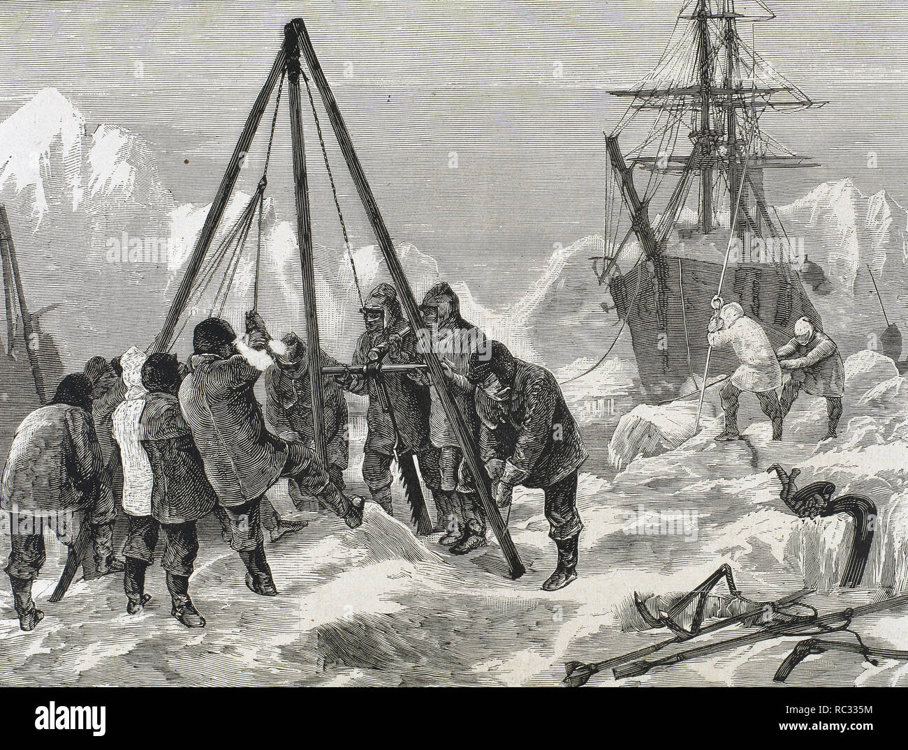 Nares, Sir George Stark (1831-1915). British Naval Officer und Arctic Explorer. Die Crew der Schneiden Eis 'Discovery Alert' für die freie Navigation des Schiffes. 19.-Jahrhundert Gravur. Stockfoto