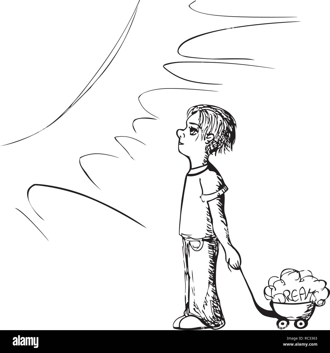 Skizze eines kleinen Jungen mit einem Handwagen voller Träume von jziprian Stock Vektor