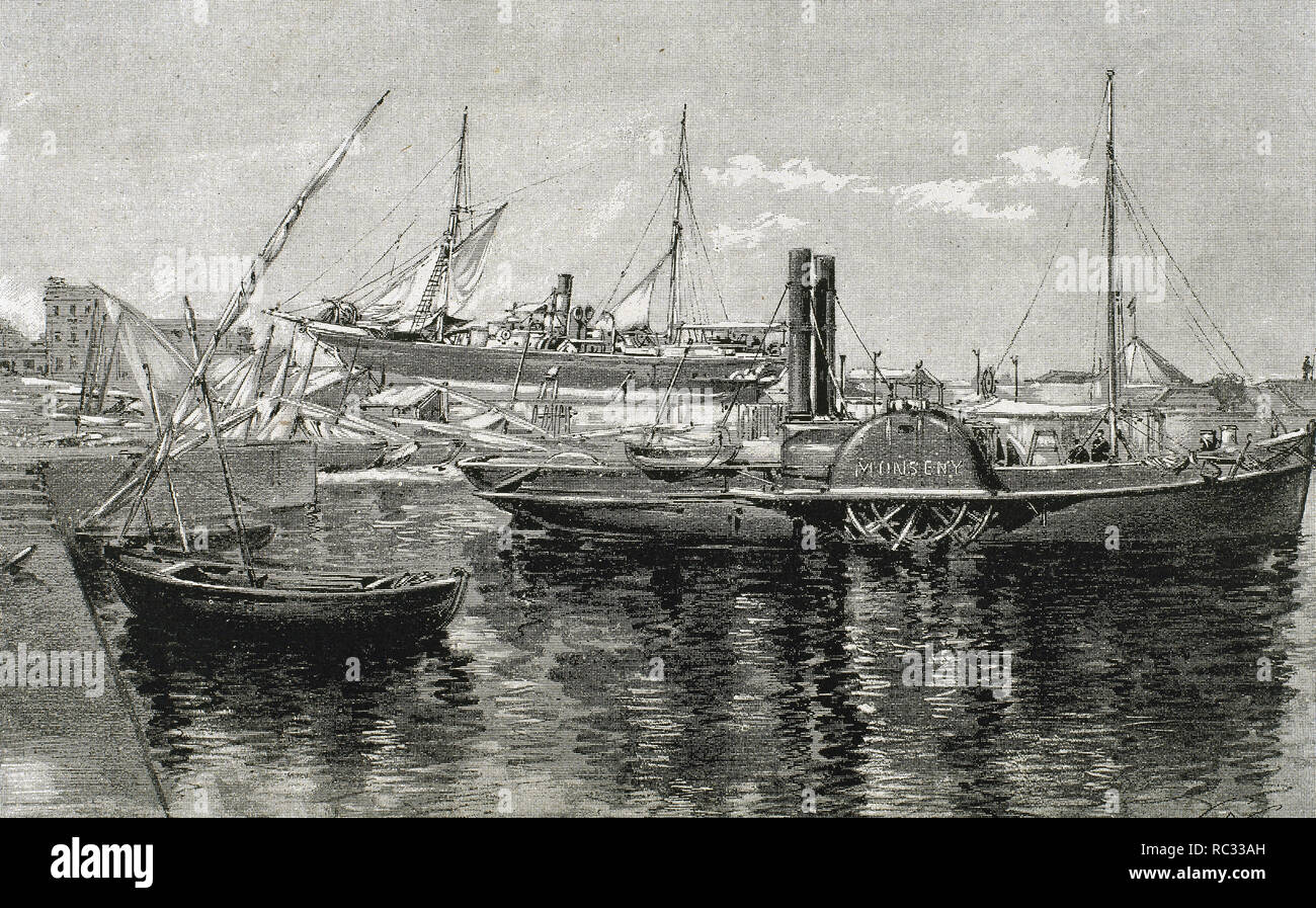 Spanien. Katalonien. Barcelona. Port. Gravur von Nicanor Vazquez., 1887. Stockfoto